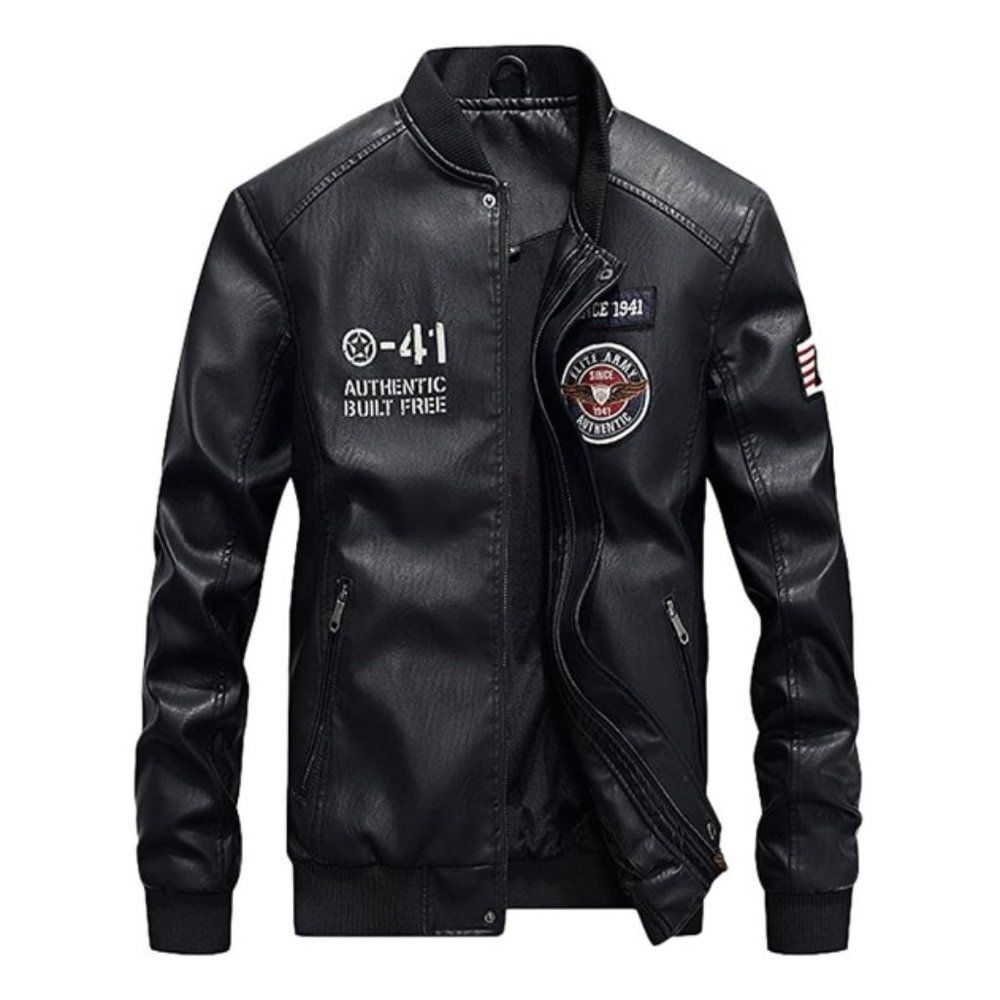 Men's Faux Leather Jacket Casual Baseball Coat, black